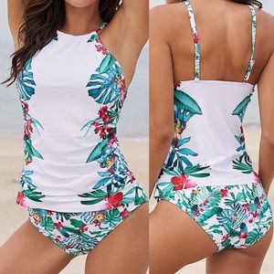 Swimsuit two piece white palm floral large